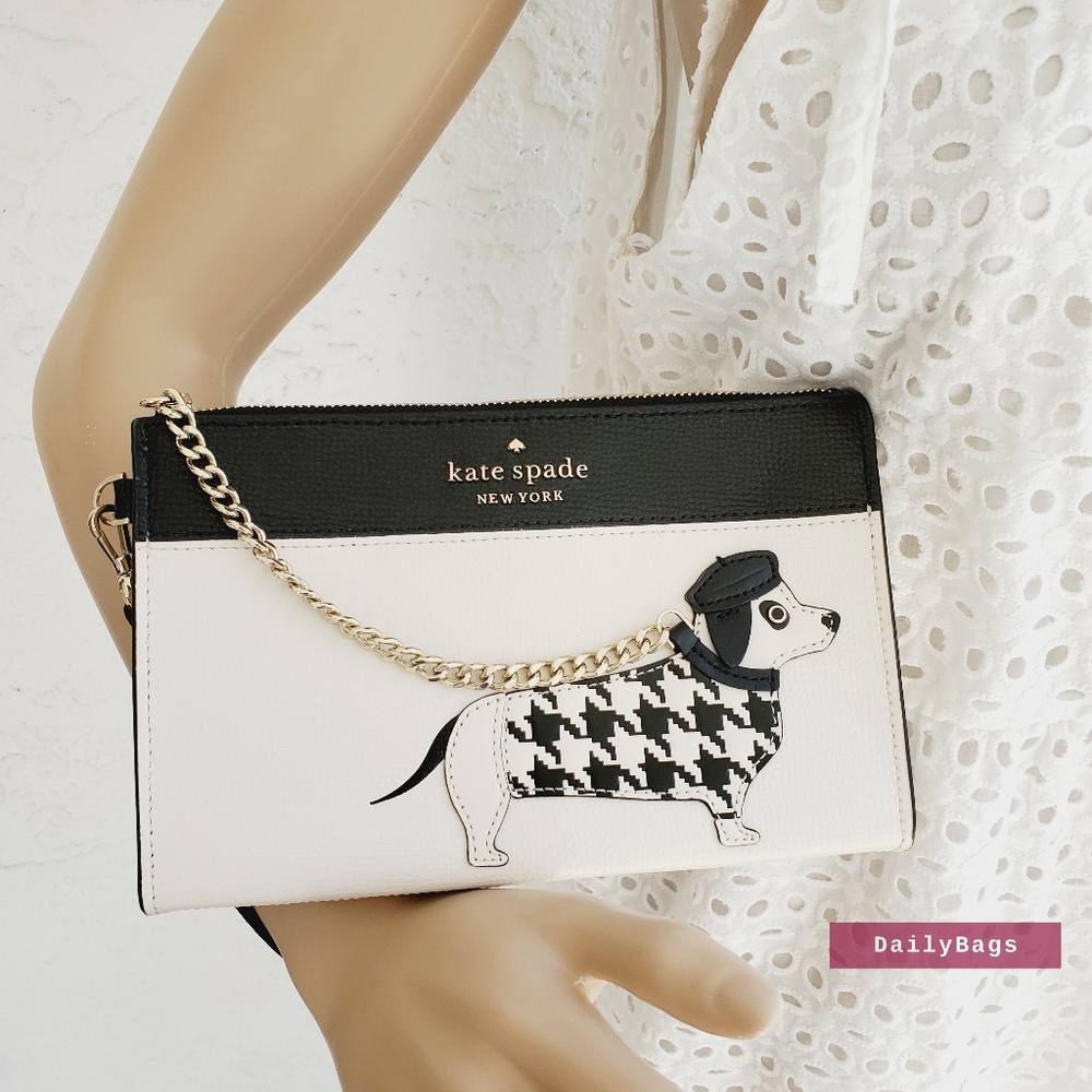 BEAUTIFUL MEDIUM WRISTLET FETCH DACHSUND DOG PARCHMENT BLACK KATE SPADE